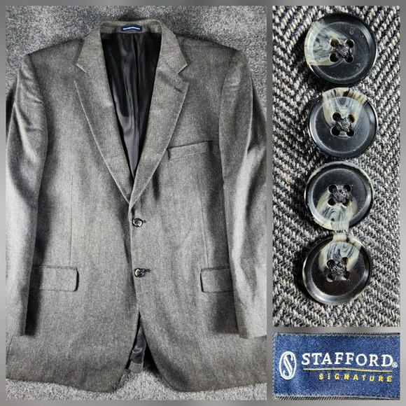 Stafford Other - Stafford Signature Mens 46R Blazer Silk Camel Hair Grey Herringbone Sport Coat